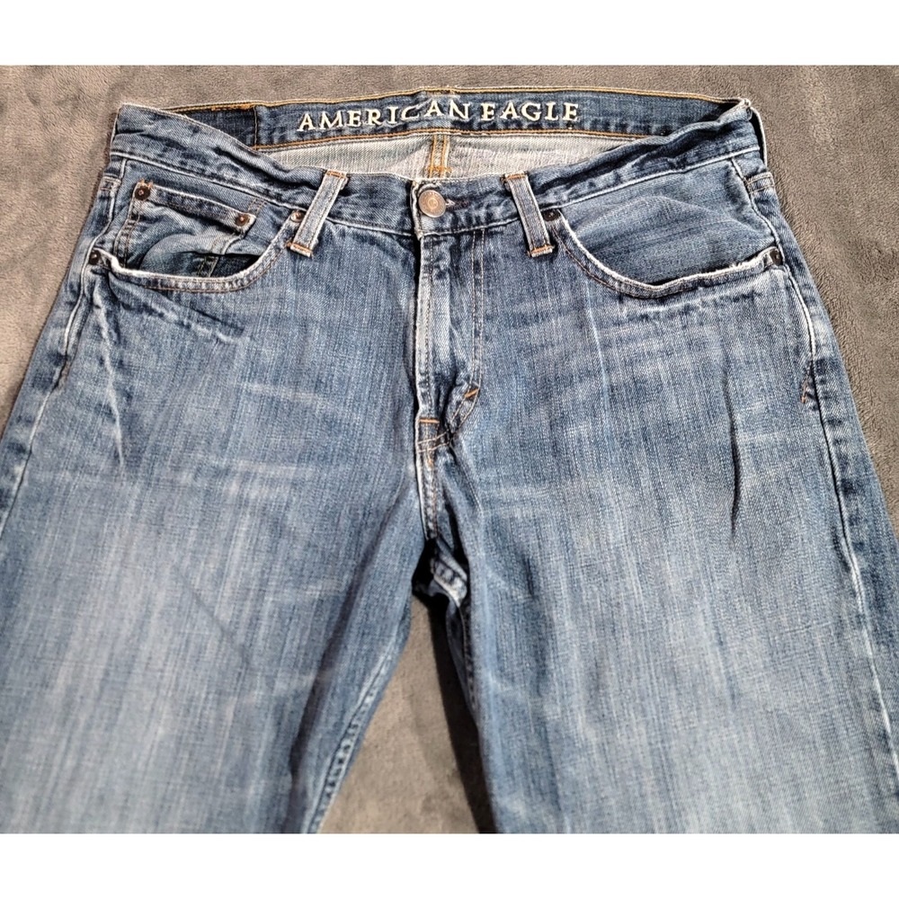 American Eagle Original Straight Jeans Men 32x32 Blue Medium Wash Whiskered Y2K